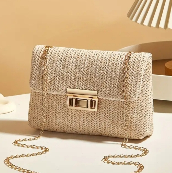 Women's Beige Woven Chain Bag with Gold Hardware & Finishings, 5.5×8×2, NWOT - Picture 4 of 5